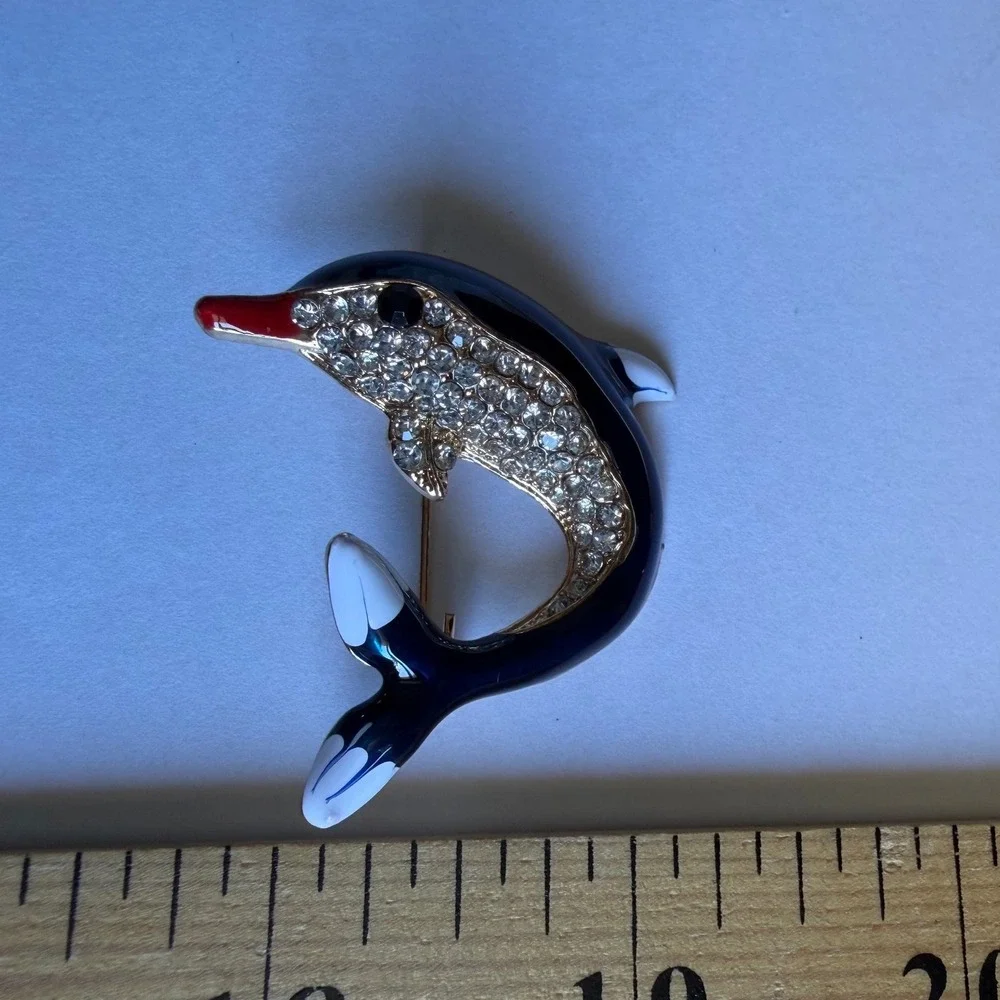 Vintage Enamel Dolphin Brooch Navy Blue Rhinestone Gold Tone Nautical Pin 1.5in